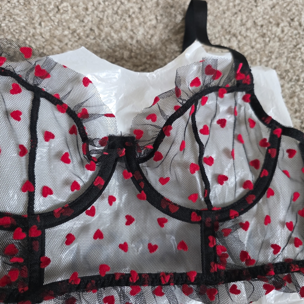 SHEIN Black and Red Heart Mesh Bra